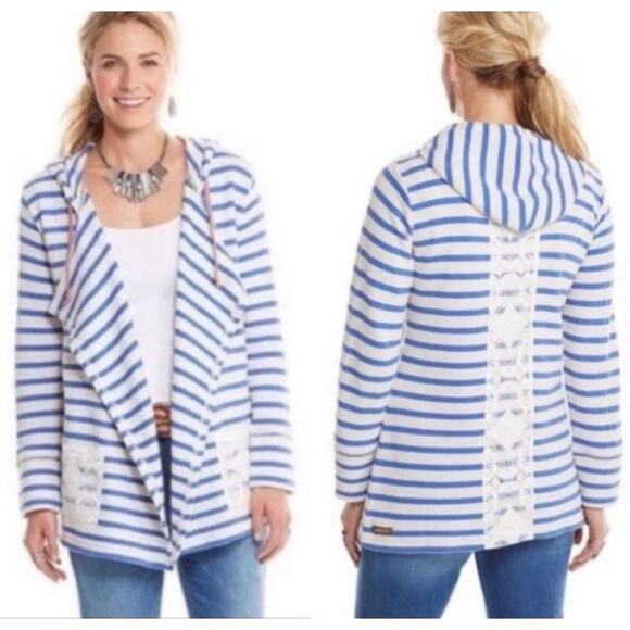 Matilda Jane Sweaters - Matilda Jane‎ Women's S Open Front Midway Hood Cardigan Blue White Stripe Beach